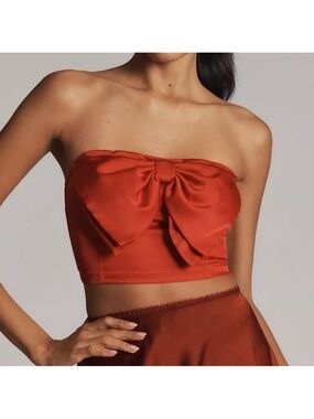🍓 Anthropologie Strapless Satin Bow Crop Tube Top Detachable Straps Large NWT